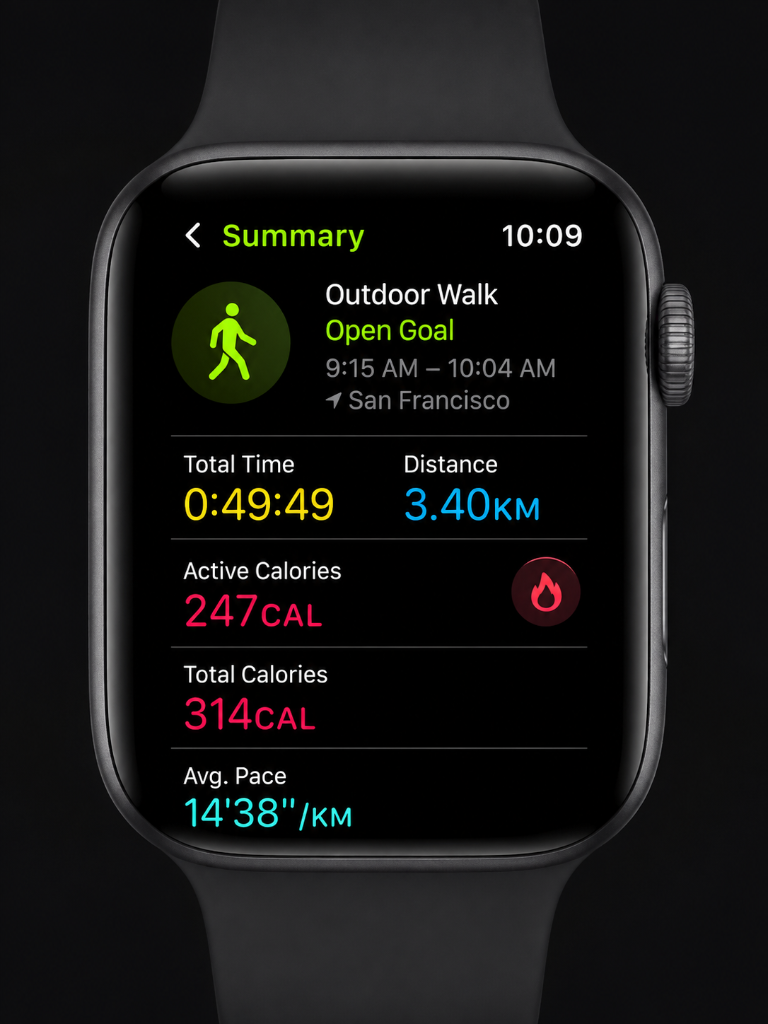 Smartwatch workout summary displaying calories burned, distance, duration, and pace